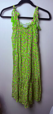 Love Fire Floral Tiered Midi Dress Small Neon Green Pink Tassel Tie Strap Lined
